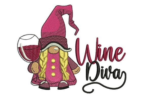 Wine Diva Gnome Embroidery Design